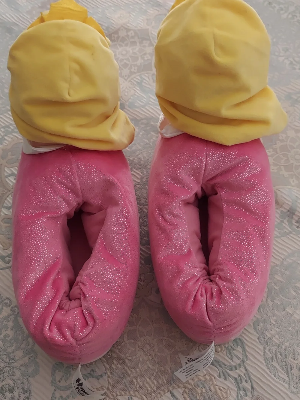 Girls Plush Character Slippers in Pink and Yellow